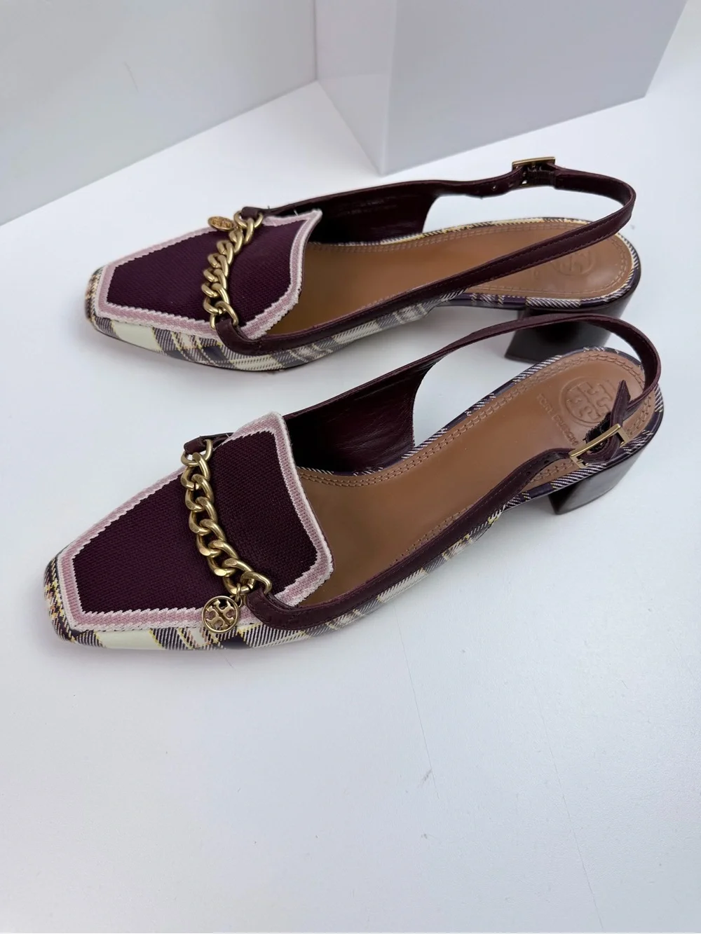 Tory Burch Mini Benton Charm Slingback Loafers Size 10.5 Plaid Burgundy